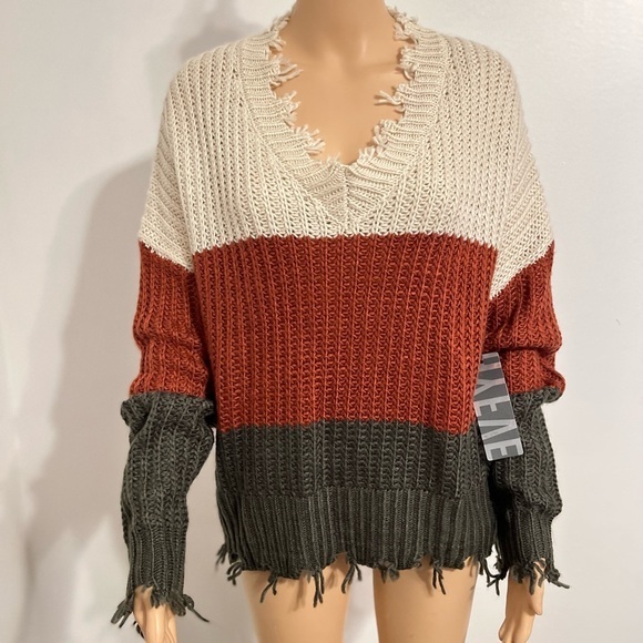 Hyfve Women's Striped Colorblock Knit Pullover Long Sleeve V-neck Loose Sweater - Picture 8 of 14